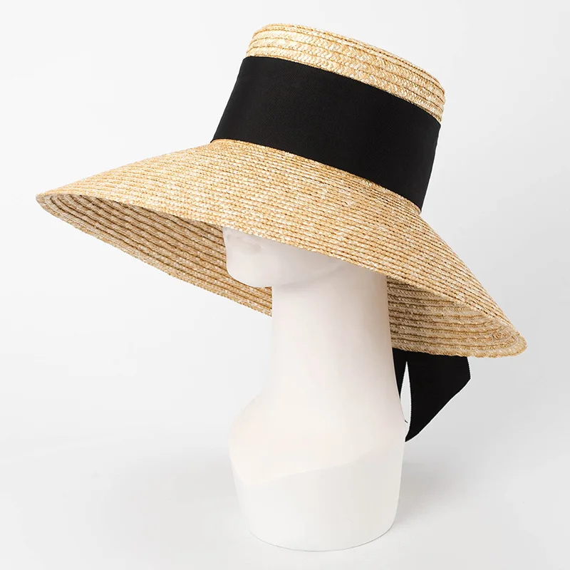 

FANTASIC Spring And Summer Wind Ribbon Flat Roof Brim Sunshade Sunscreen Beach Straw Hat