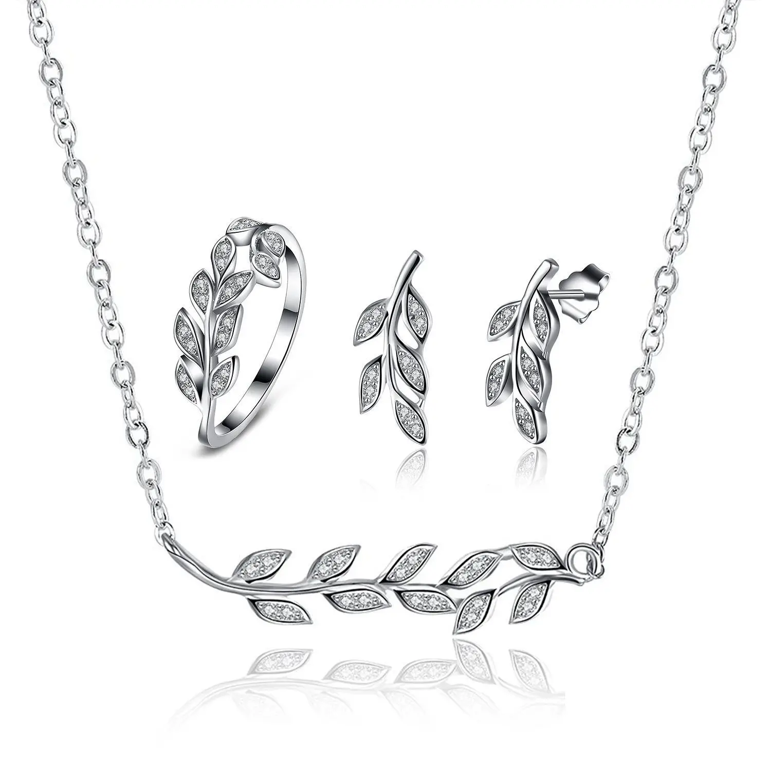 

925 Sterling Silver Olive Branch CZ Pendant Necklace Earrings Ring Jewelry Set for Girls