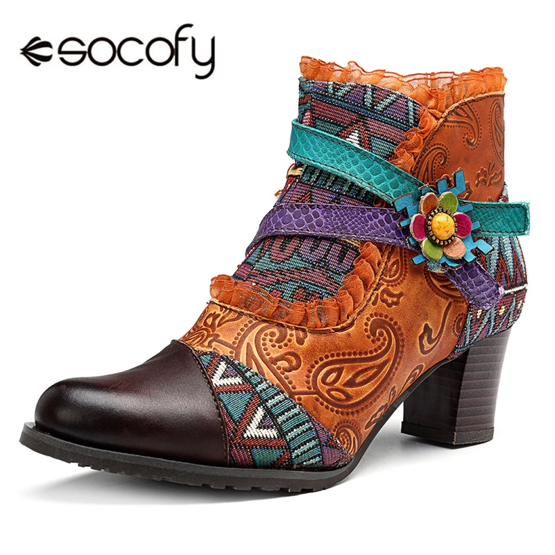

Socofy Genuine Leather Splicing Retro Ankle Boots For Women Shoes Woman Patchwork Lace Boots Zipper Block Heels Botas New