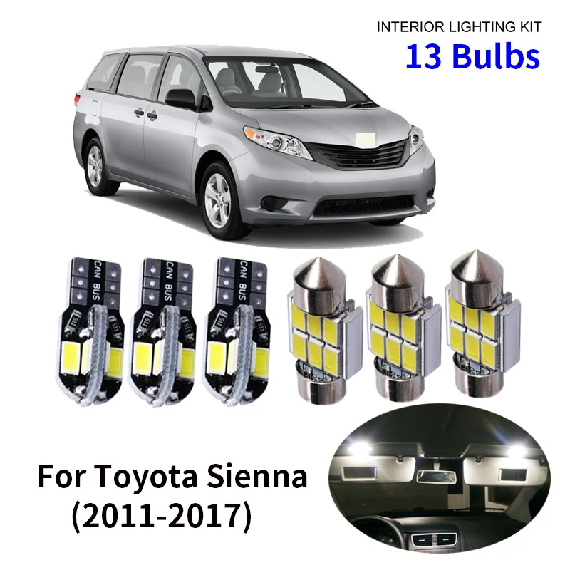 

13pcs Car Accessories White Interior LED Light Bulbs Package Kit For 2011-2017 Toyota Sienna T10 31MM Map Dome Trunk Lamp