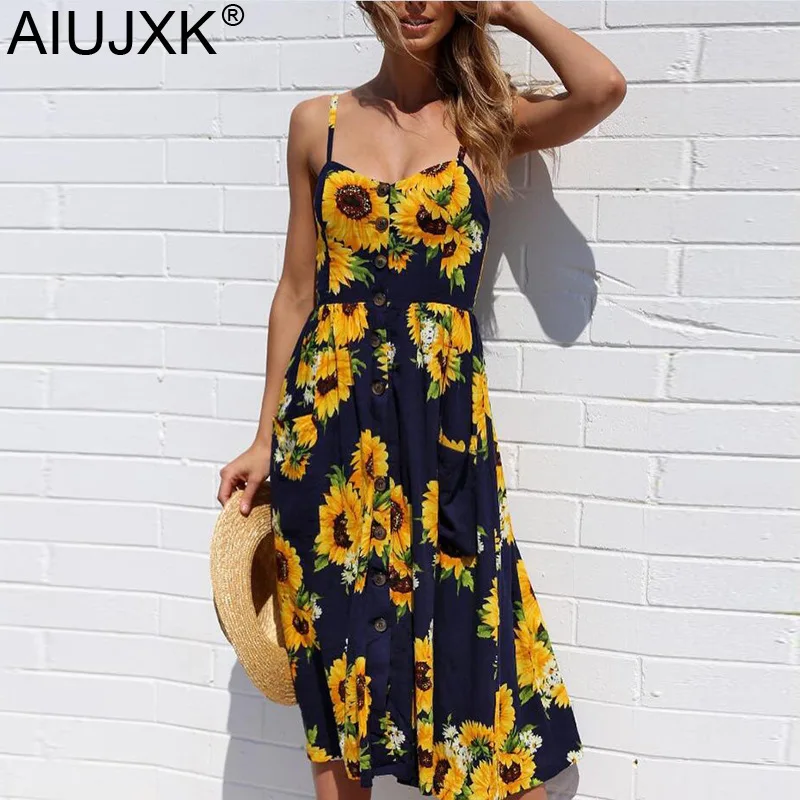 

AIUJXK 2019 Summer Women sunflower Floral Print Dress Plus Size Spaghetti Strap Strapless Backless Beach Button Dresses Woman