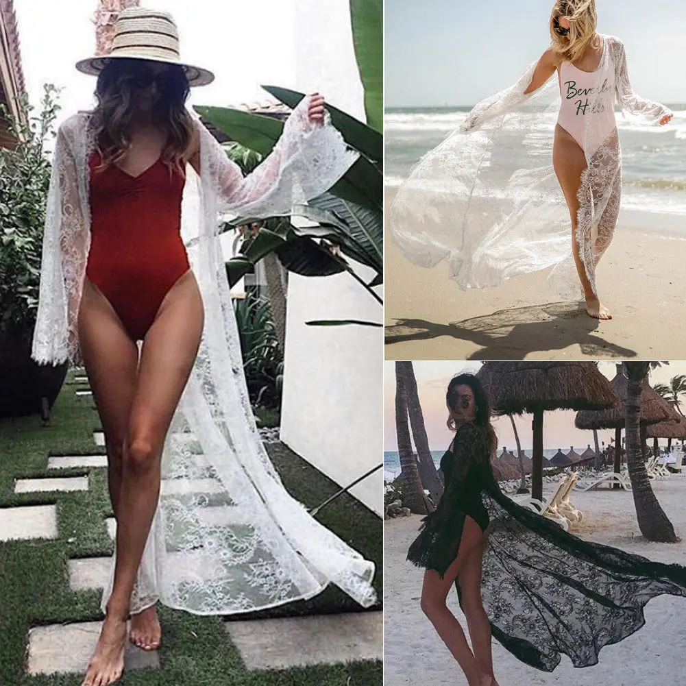 

New Sexy Women Lace Floral Blouse Kimono Bikini Cover Up Cardigan Long Sleeve Sunscreen Loose Comfortable Blouse Plus Size XL
