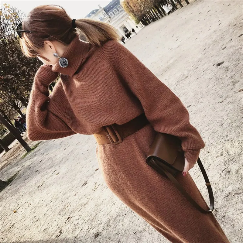 2018 Women Pullover Warm Winter Sweater Dress Casual Belt Christmas Turtleneck Long Sleeve OL Solid Slim Sweater Knitted Dresses