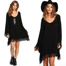 Autumn large size black long-sleeved tassel dress hem irregular chiffon women's Sexy Party Vintage Dress mini dress 2019 S-6XXL white irregular hem long sleeves mini dress with lace details