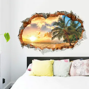 

Large Palm Tree Beach Sunset 3D View Removable Wall Decals Sticker Home decor