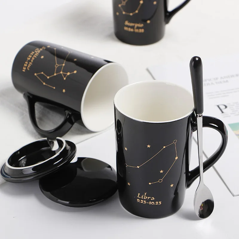 12 созвездий керамическая кружка с ложкой крышкой черный и Золотой фарфор Зодиак чай кофе молоко кружки бытовой воды стекло