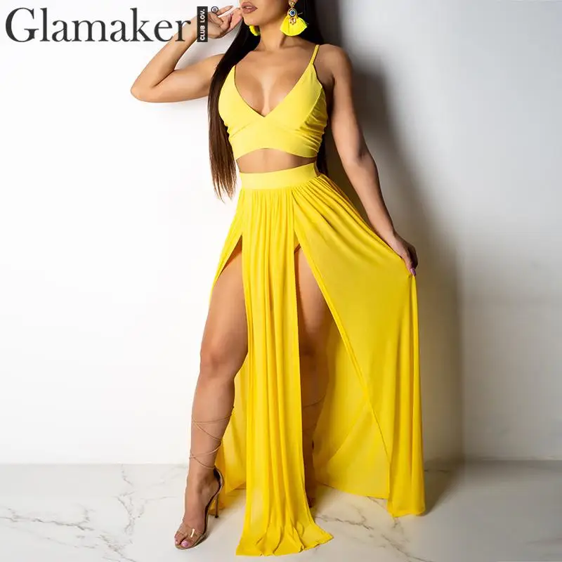 Glamaker, сексуальный шифоновый укороченный топ, костюм из двух частей, с высоким разрезом, длинное платье для женщин, весна, v-образный вырез, без рукавов, праздничное платье, летнее платье
