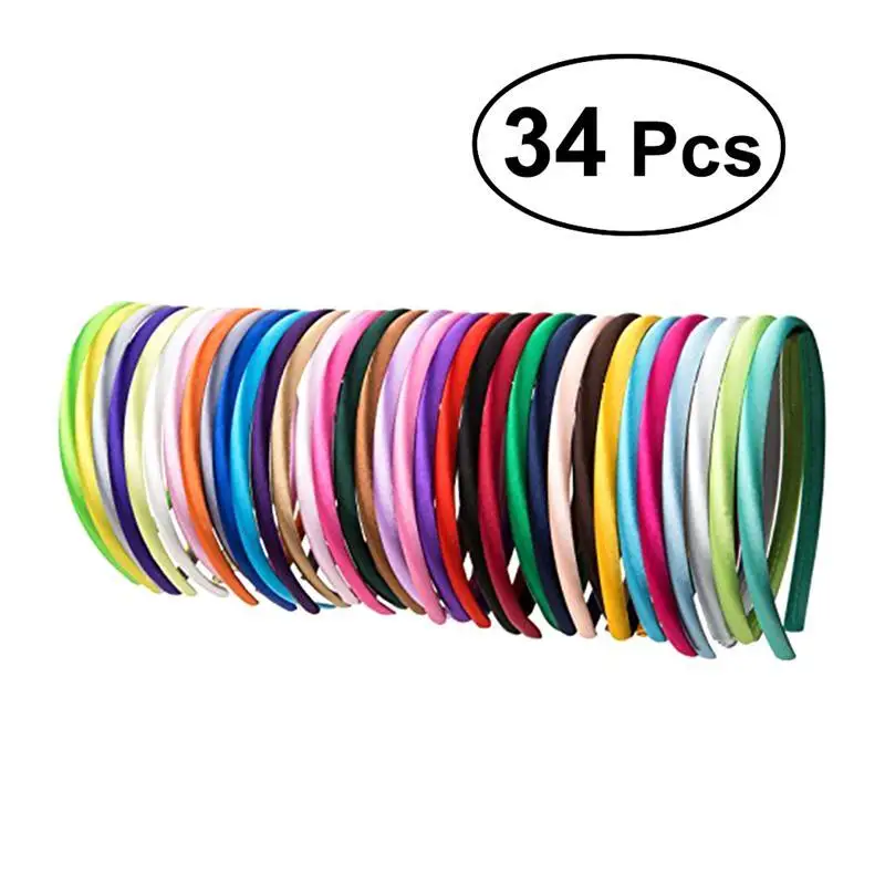34pcs 1cm Width Satin Headband Beautiful Flexible Satin Covered