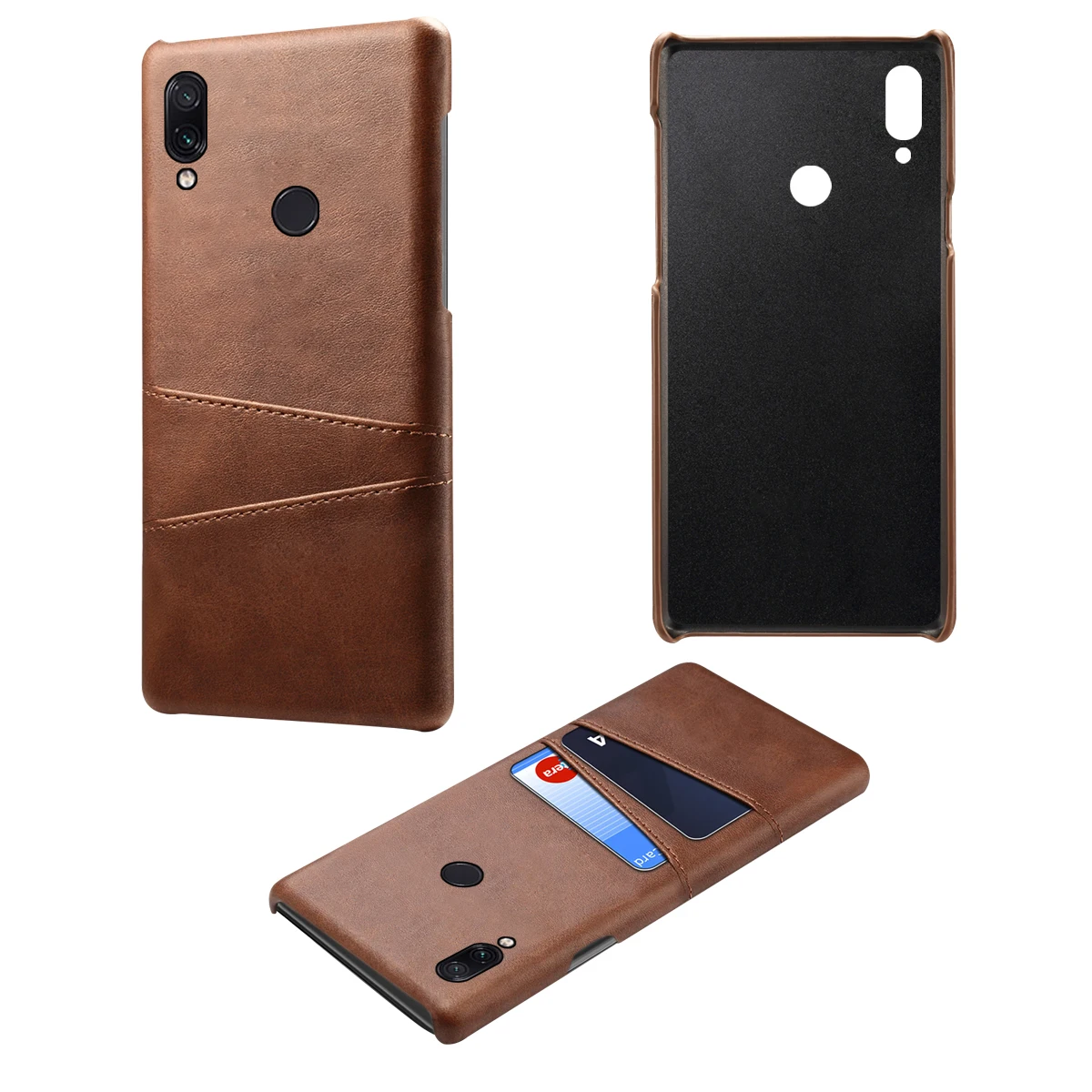 

for Xiaomi Redmi Note 7 Pro Back Case Calf Grain PU Leather PC Phone Back Case with 2 Card Slots Anti-Scratch Fundas