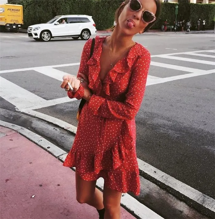 

2019 New V-neck Ruffled Polka Dot Mini Dresses Women Summer Sexy Long Sleeve A-line Dress Female Empire Dress