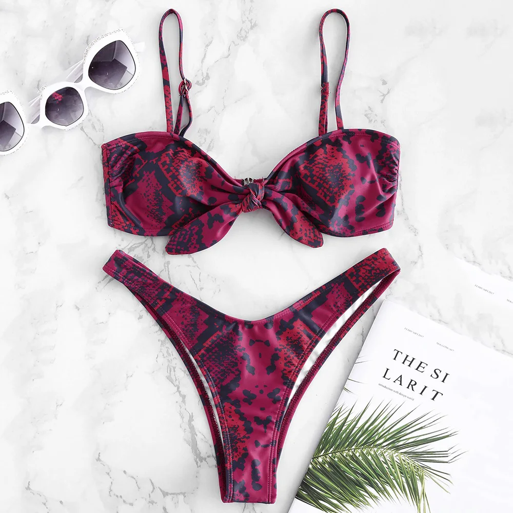 

ZAFUL Bikini Snakeskin Knotted Women Swimsuit Swim Top With Thong Bottoms Spaghetti Straps Padded Swimwear Beach Suit