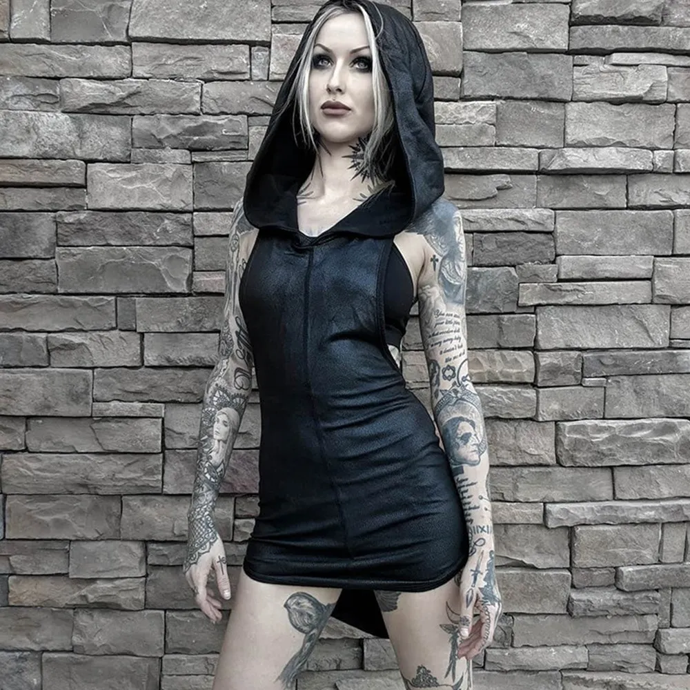 Rosetic Сексуальное Тонкое Короткое Мини Платье асимметричное с капюшоном Harajuku Goth