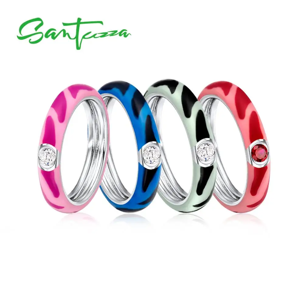 Santuzza 925 Sterling Silver Handmade Enamel Colorful Stackable Ring White Cubic Zirconia Eternity Rings for Women Girls