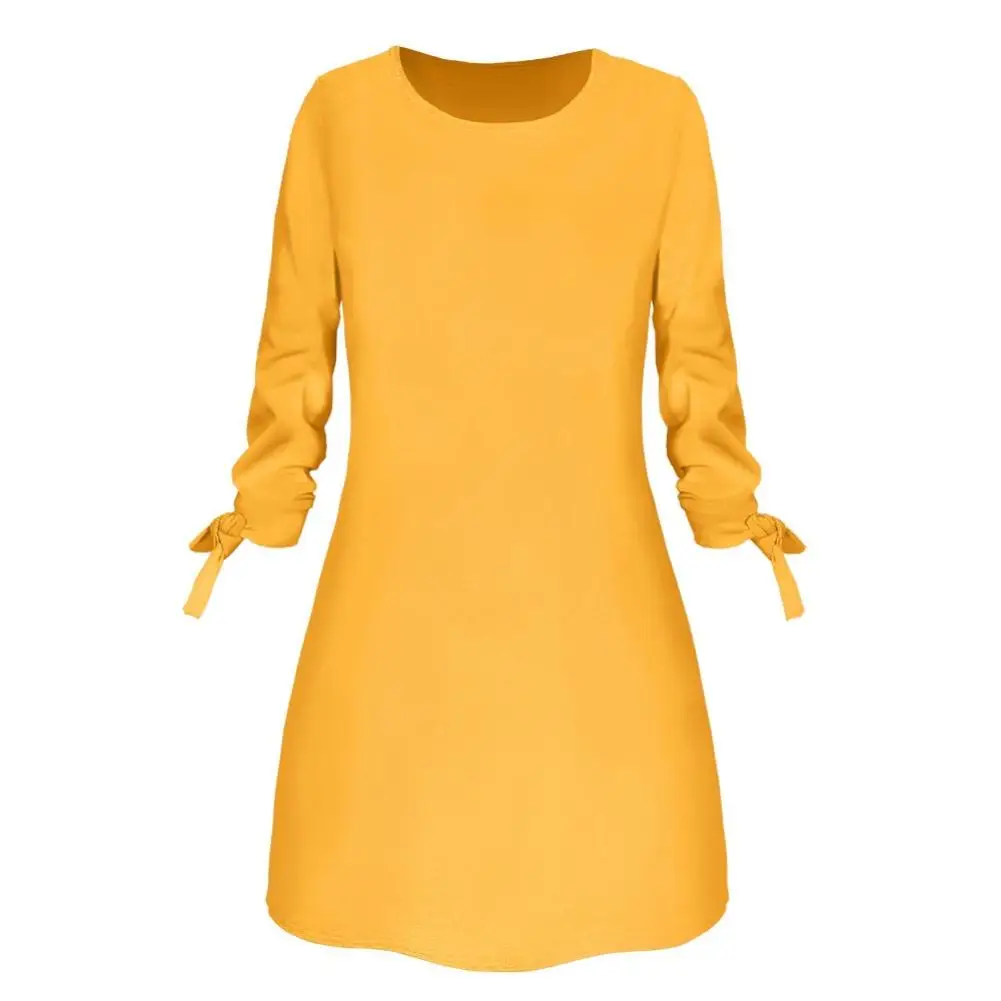 

Spring New Fashion Solid Color Dress Casual O-Neck Loose Dresses 3/4 Sleeve Bow Elegant Beach Female Vestidos Plus Size 2019