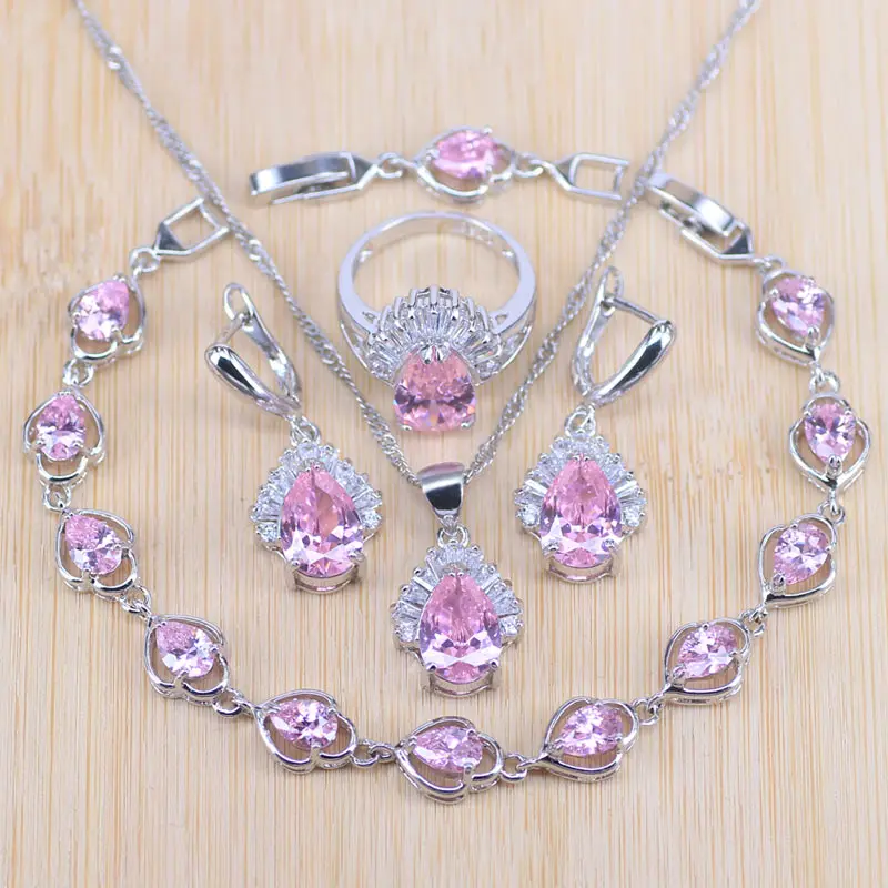 

Free Ship Pink Jewelry Sets Water Drop Cubic Zirconia CZ Stone 925 Sterling Silver Earrings Necklaces Rings Bracelet Set