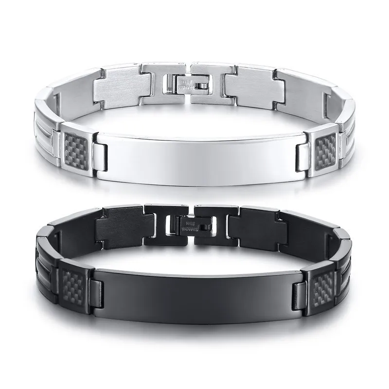 Stylish Carbon Fiber Mens Bracelets Free Engraving ID Tag Link Chain pulseira masculina 8.46" stainless steel bracelet