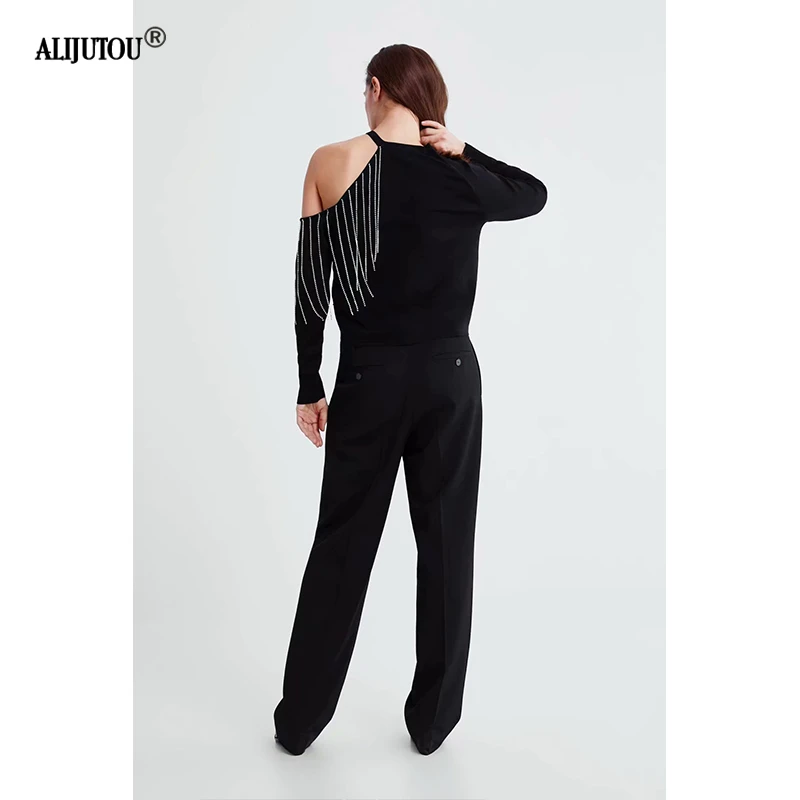 2019 zaraing spring new Diamond Fringe Slit Sleeve T-Shirt Fashion Solid Asymmetric Cutout Neck Sexy women T-Shirt Elegant tops