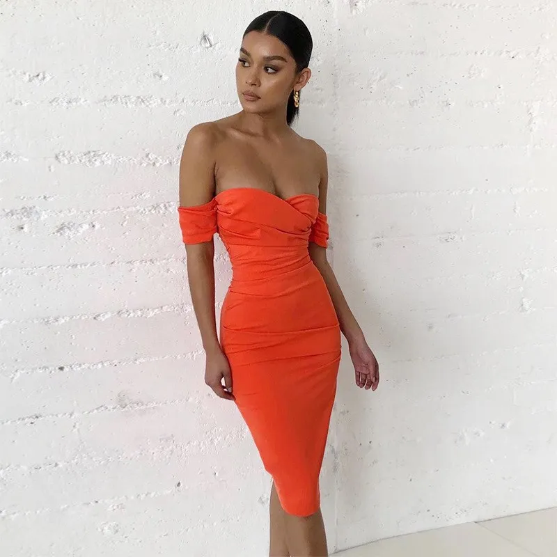 

New Summer Bodycon Night Dress Party Orange Color Sexy Bodycon Dress Nightclub Mini Crepe Off Shoulder Dresses