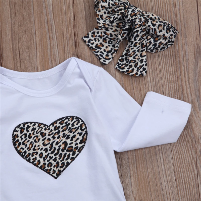 CANIS 2019 New Baby Clothing Newborn Kid Baby Girl Leopard Floral Clothes Long Sleeve Heart Romper +Floral Pants +Headband