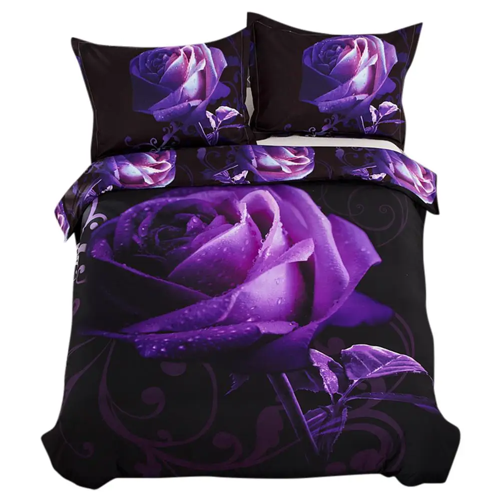 

2019 3 Pcs / Set Nordic Purple Rose Polyester Bedding Set Pillowcase Duvet Cover Quilt Cover