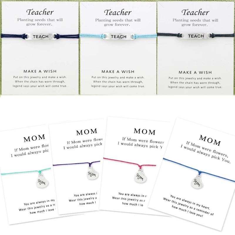 

A gift for teachers' day Rope Exquesite Seaside Letter Infinity Wish Christmas Teach Bracelet 1PC Adjustable Heart Mom Card