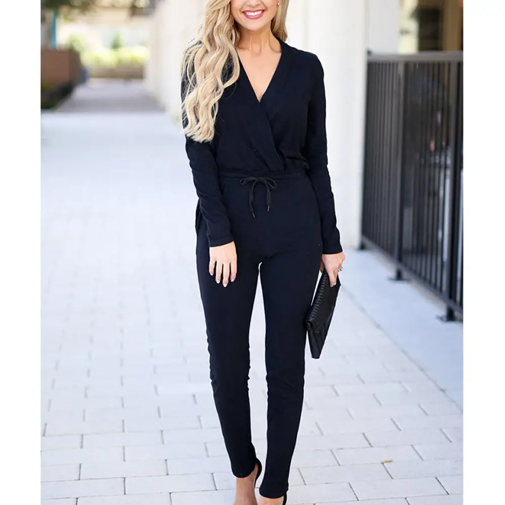 Women Office Casual Jumpsuit Long Sleeve Lady Romper Playsuits V neck