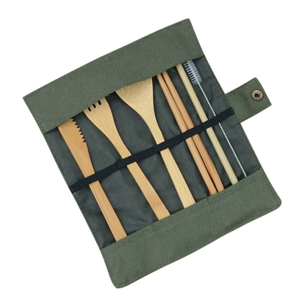 7 unids/set de madera al aire libre vajilla de medio ambiente al aire libre camping vajilla con madera cuchillo tenedor cuchara palillos de paja
