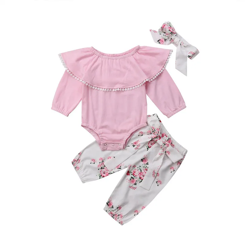 

3pcs Fashion Baby Girl Cotton Clothes Sets Long Sleeve Romper Floral Pants Headband Outfit Suits Baby Girl Clothes tracksuit