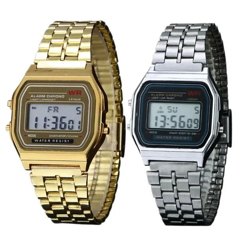 

Wrist Watch Men Women Vintage Stainless Steel Lcd Digital Sports Stopwatch Wrist Watch