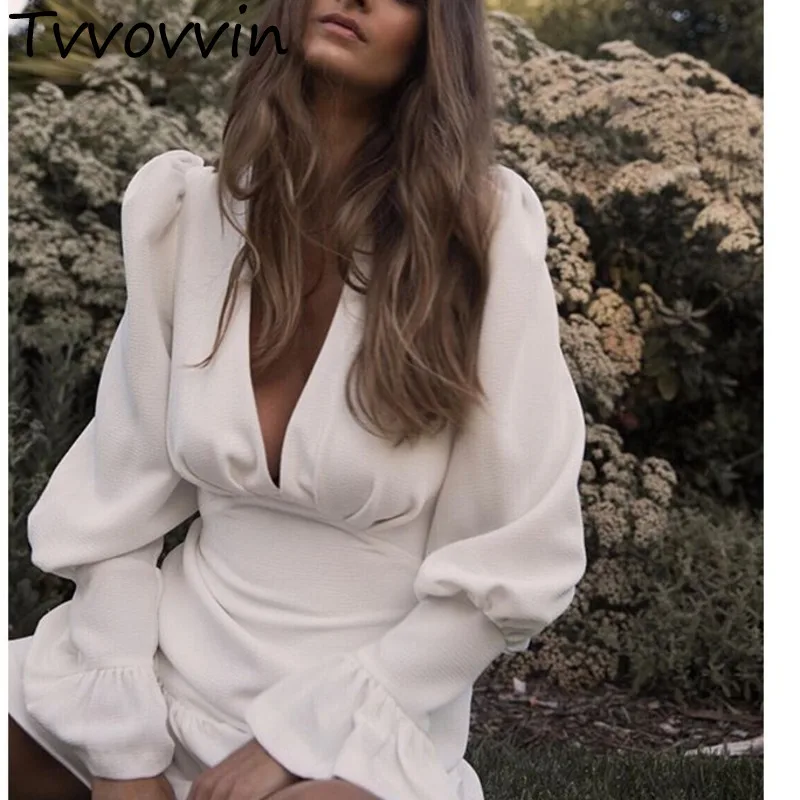 

TVVOVVIN Elegant Slim Women Dress V Neck Lantern Sleeve High Waist Ruffles Mini Dresses Female Casual Spring 2019 New AS766