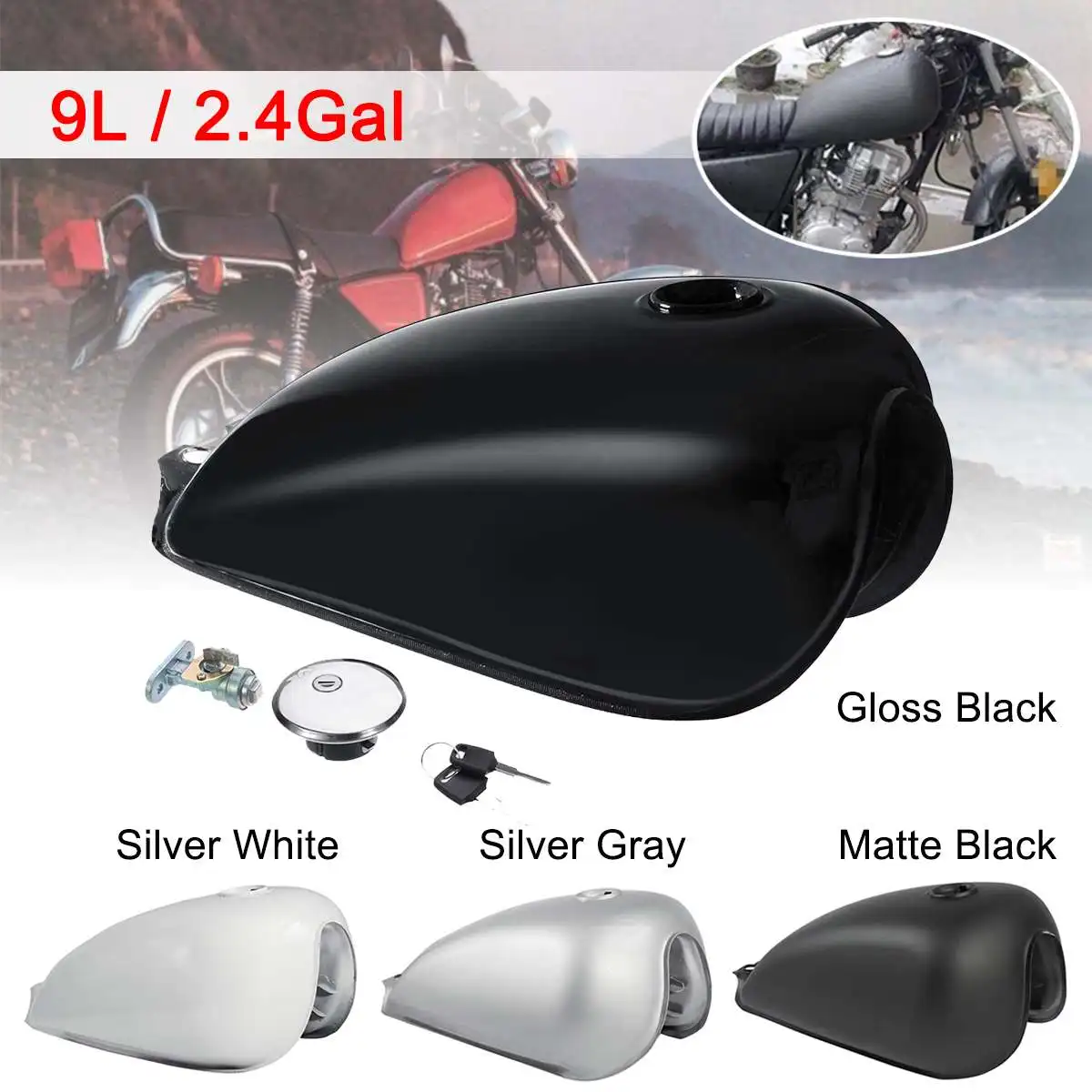 

Universal Motorcycle Vintage Fuel Gas Tank 9L 2.4 Gal Cafe Racer with Oil Tank Cap For Suzuki GN125 GN250