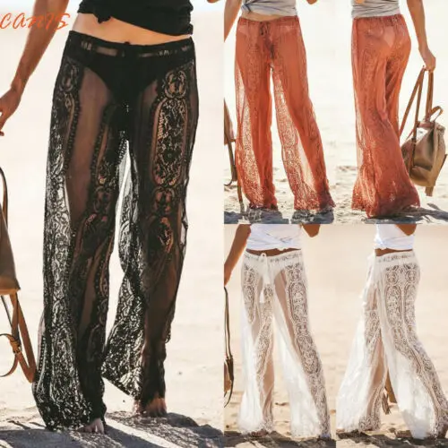 

2019 Women Lace Wide Leg Pants High Waist See Through Long Beach Pants Trousers