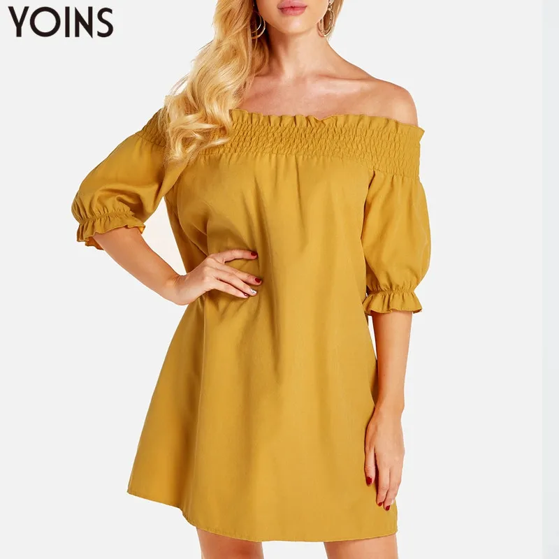 

YOINS Sexy Off Shoulder Mini Dresses Casual Loose Slash Neck Women 2019 Summer Bohemian Beach Half Sleeve Solid Backless Dresses