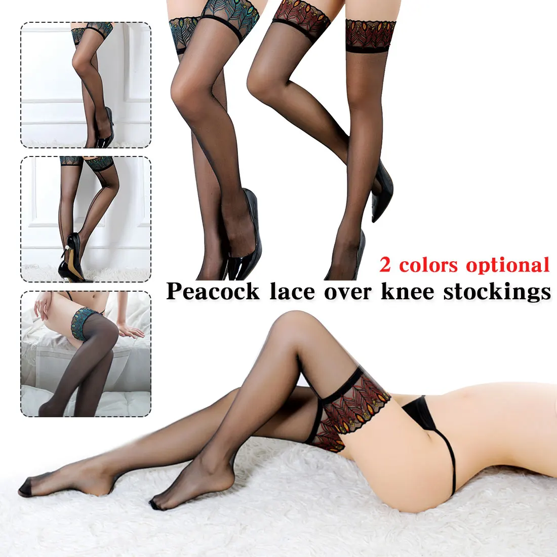 Black Lace Thigh High Sexy Stockings Long Peacock Pattern Ribbon Stay Up Nylon Stockings For Women Over The Knee Socks