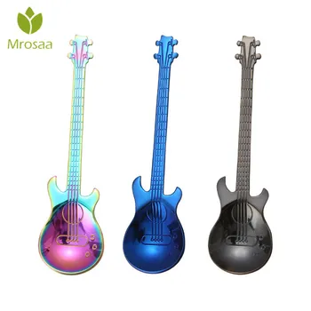 

New Creative Stainless Steel Spoon Coffee Ice Cream Dessert Scoop Guitar Shape Music Theme Tea Stirring Spoon Flatware Gifts