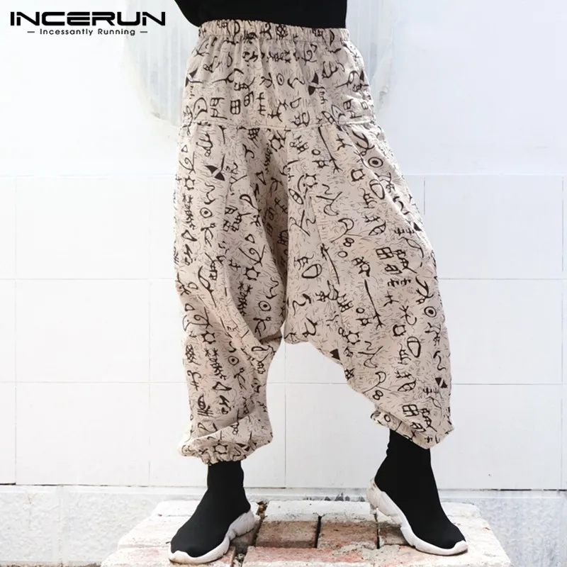 INCERUN стильные брюки с принтом мужские свободные эластичные талии Штаны для уличного бега шаровары мужские хип-хоп падение промежность
