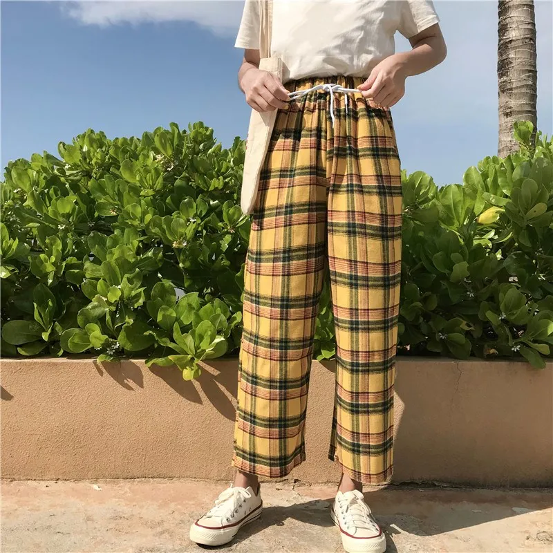 

Harajuku Casual Pants Women 2019 Fashion Lace Up Ankle Length Loose Plaid Wide Leg Pants