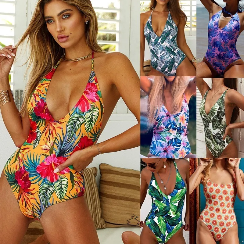 

2019 Sexy Floral Print Swimsuits Women Backless One Piece Swimwear Halter Swimsuit Push Up Bathing Suits Bodysuits Beach Wear