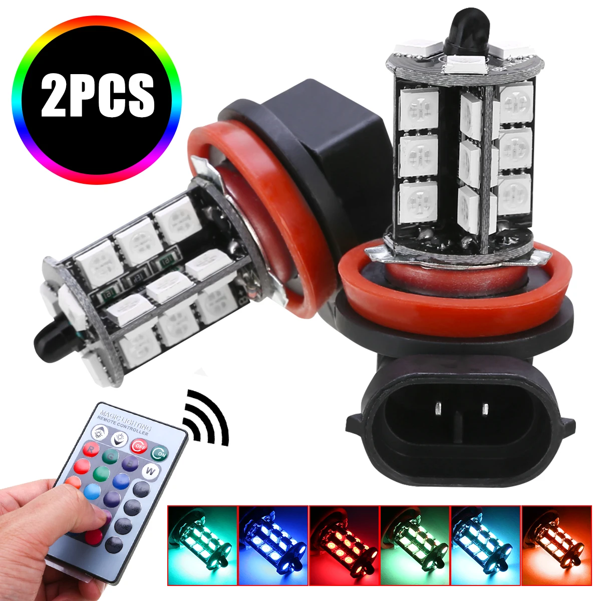 New Pair H11/H9/H8 5050 27SMD RGB LED Fog Driving Light Lamp Bulb+Remote for Car Signal Atmosphere Lighting | Автомобили и