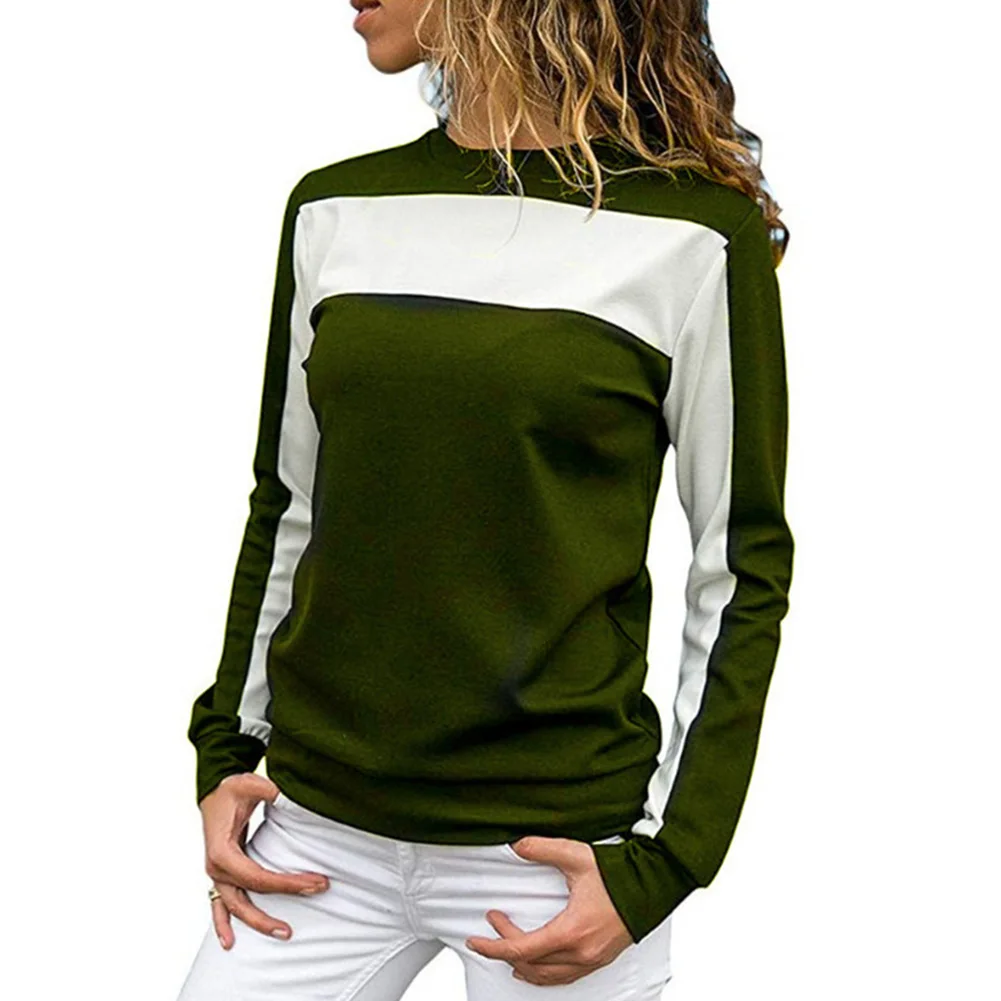 Осенняя модная женская цветная Лоскутная футболка с длинным рукавом и круглым вырезом, женские свободные повседневные спортивные футболки, пуловер, Топ