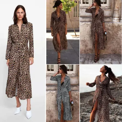 

Women Snake Leopard Print Long Sleeve Button Down Collar Loose Split Long Maxi Dress Shirt Dress