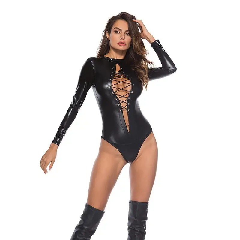 

2018 Sexy Women PU Leather Lingerie Bodysuits Erotic Leotard Costumes Rubber Flexible Hot Latex Catsuit Catwomen Porno Nightwear