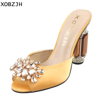 

High Heels Women Sandals Shoes 2019 Luxury Genuine Leather Ladies Rhinestone Yellow Wedding Shoes Woman Open Toe Plus Size Us 11