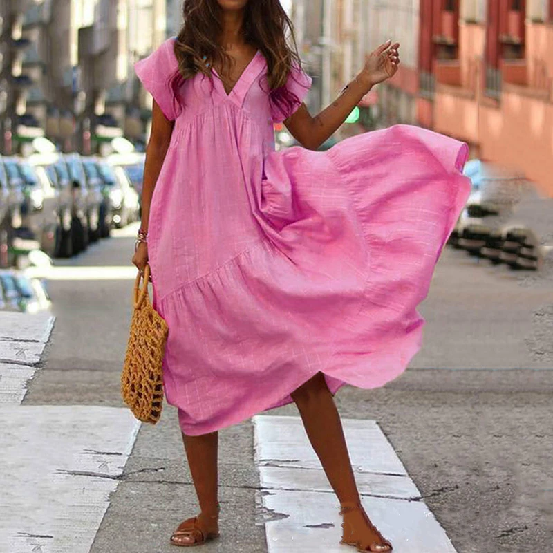 

Ladies V-Neck Short Sleeves Plus Size Loose Midi Bohemian Sundress Casual Dress
