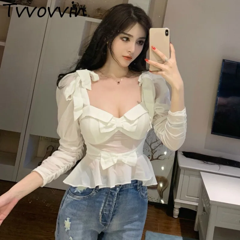 

TVVOVVIN 2019 Summer Spring New Fashion New Chiffon White Sexy V Neck Strapless Off Shoulder Bow Womens Tops Shirt Blouse AS666