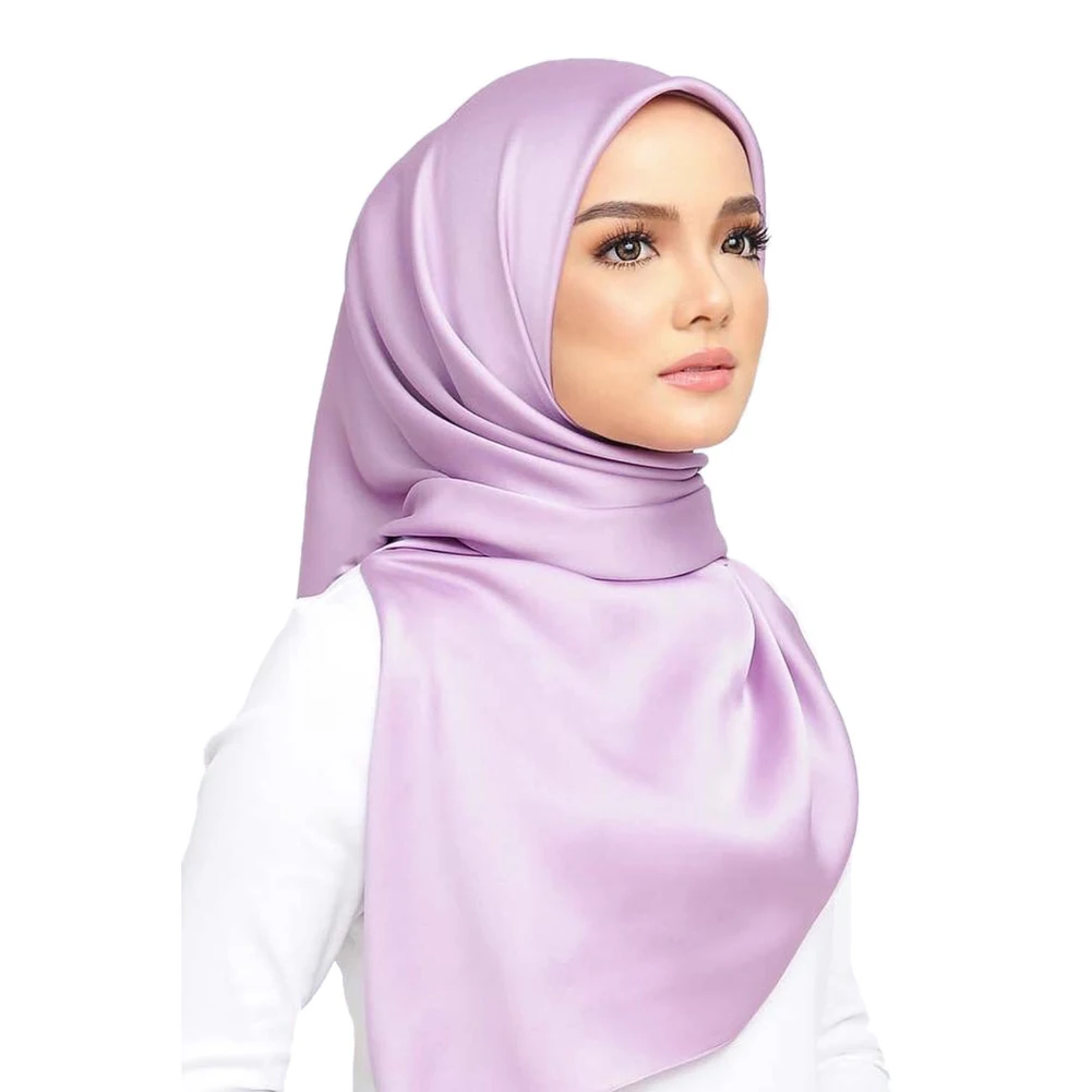 

90*90cm Solid Color Women's Square Silky Scarf Soft Large Satin Silk Muslim Hijab Head Scarves Candy Color Ladies Headbands Wrap
