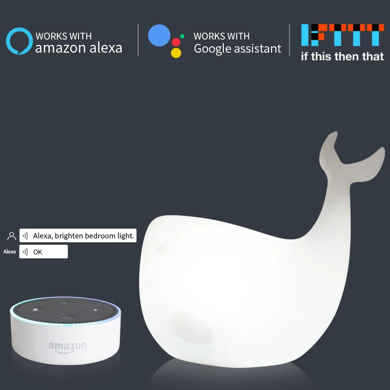 

Whale Shape WiFi Smart Table Lamp Compatible with Alexa Voice Control Hand Touch LED Ambient Night Light Controlled by FreeAPP