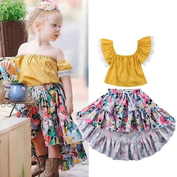 

2Pcs Set Baby Girl Summer Outfits Lace Off The Shoulder Yellow Tank Tops+Floral Asymmetrical Skirt Summer Toddler Clothes Hot