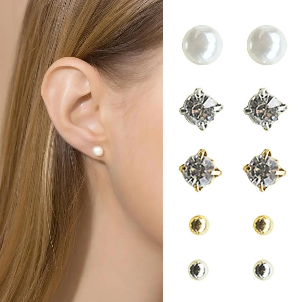 

Women Casual Geometric Shape Plastic Pearl Push Back Rhinestone Pearl, Pierced Ear Stud As Picture