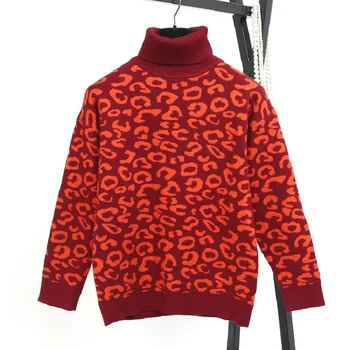 

pull femme hiver 2018 Runway Winter Chic Turtleneck Sweater Women Chic Leopard Pattern Red Warm Knit Pullover Cool Jumper